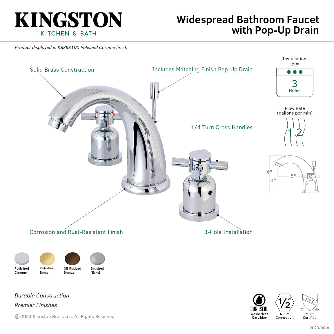 Kingston Tulare KB8982DX - Concord Two-Handle 3-Hole Deck Mount Widespread Bathroom Faucet with Pop-Up Drain, Polished Brass — thumbnail 2